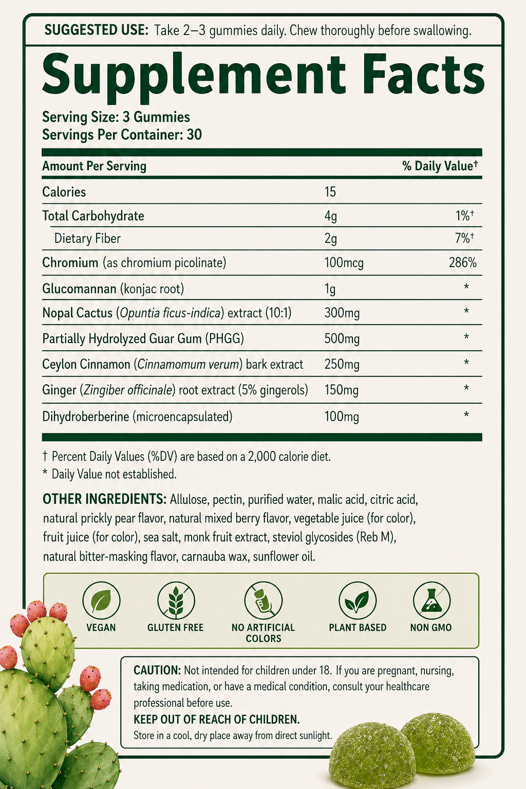 Nopal Superfood Gummies — original supplement facts